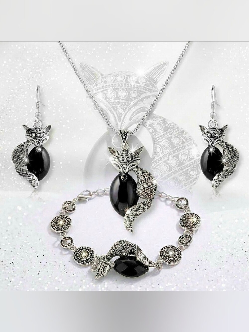 Silver plated black stone crystal fox necklace earring bracelet set